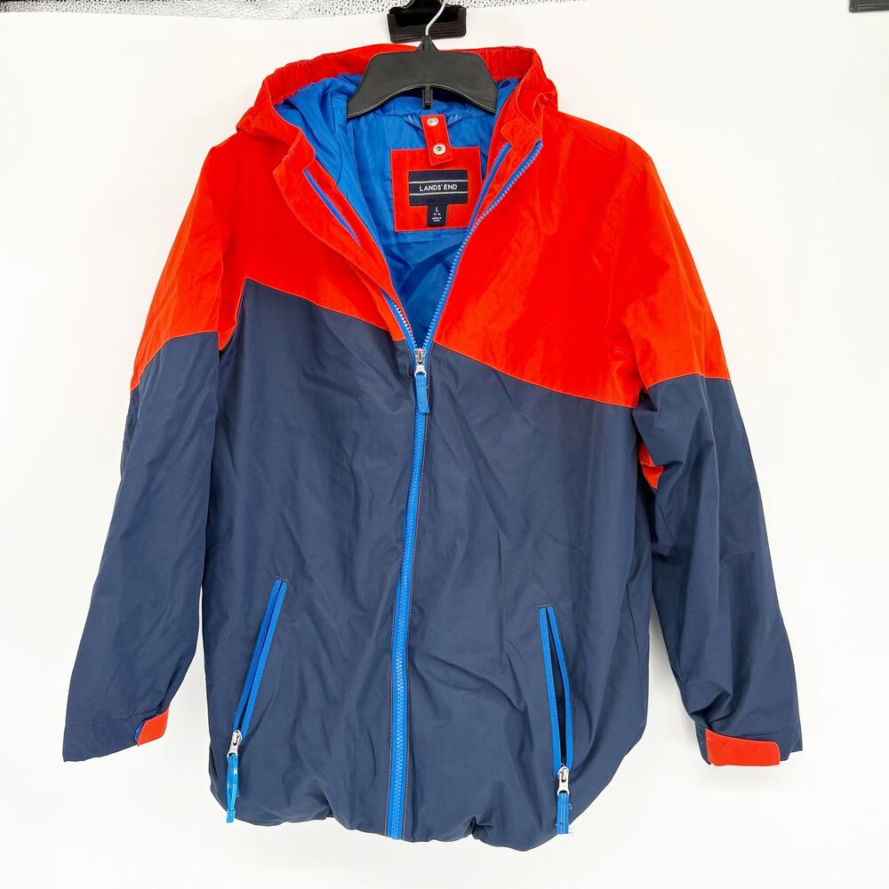 Lands End Kids Red & Blue Ski Winter Coat With Striped Fleece‎ Pullover L 14-16